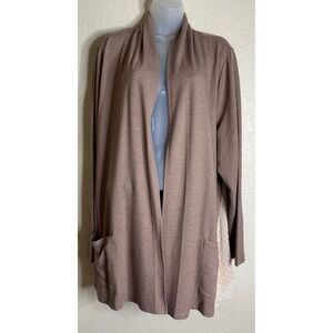 LOGO‎ Lori Goldstein 2X Cardigan Brown Swiss Dot Mixed Media Open Front Pockets